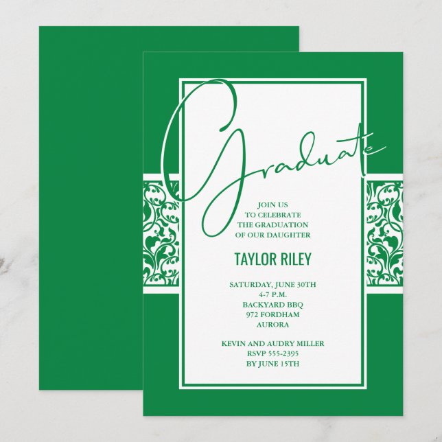 Invitation Green White Damask Graduation Party (Devant / Derrière)