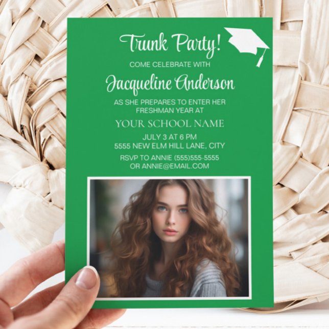 Invitation Green White Graduation Cap Trunk Party Photo I (Green and white graduation Trunk Party photo invitation)