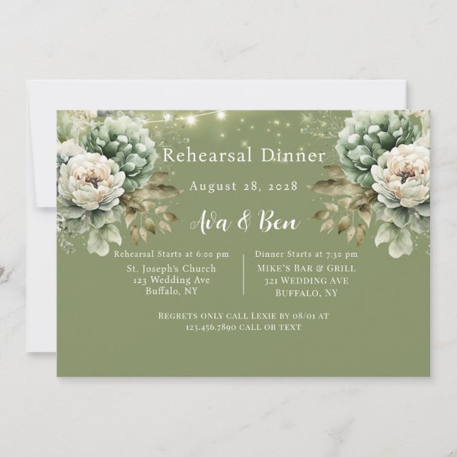 Invitation Green White Peony Light Ajouter Photo Rehearer Dîn (Devant)