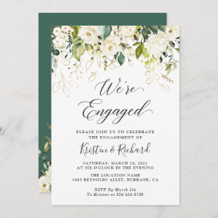 Invitation Green White Roses Gold Floral Engagement Party
