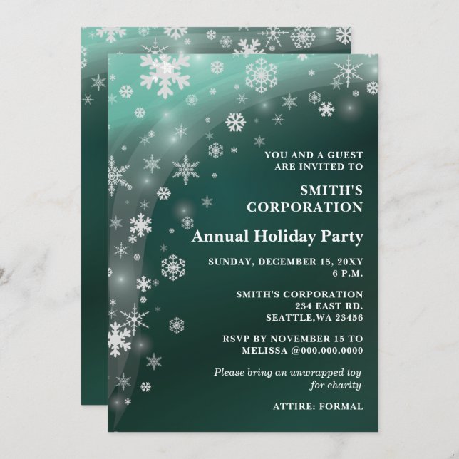 Invitation Green White Snowflakes Corporate Holiday Party (Devant / Derrière)