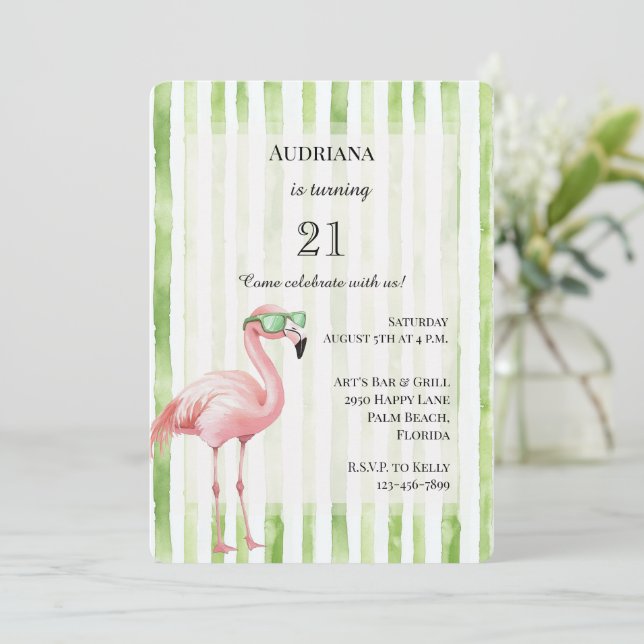 Invitation Green White Stripes Flamant rose rose Anniversaire (Debout devant)