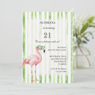 Invitation Green White Stripes Flamant rose rose Anniversaire