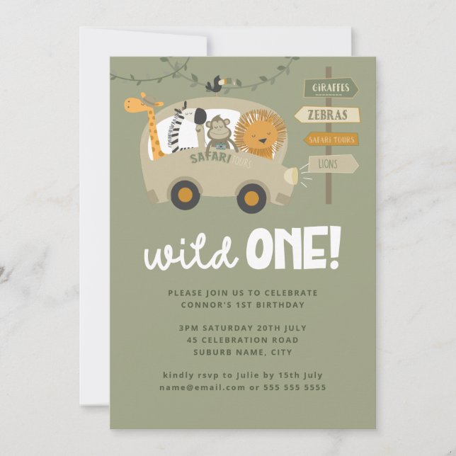 Invitation Green Wild One Safari Animaux premier anniversaire (Devant)