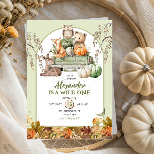 Invitation Green Wild One Woodland Camion Citrouille 1er anni