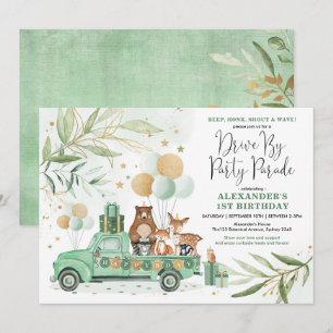 Invitation Green Woodland Drive By Birthday Party Parade