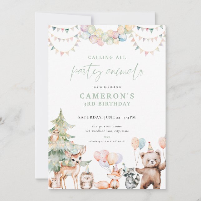 Invitation Green Woodland Party Animaux Anniversaire Invitati (Devant)
