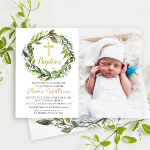 Invitation Green Wreath Gold Cross Boy Baptism Photo