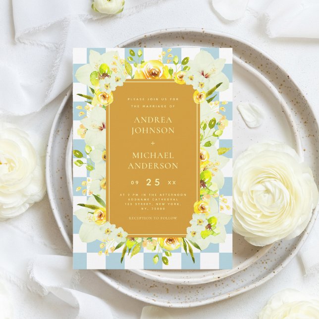 Invitation Green Yellow Floral Checkerboard Garden Wedding (Créateur téléchargé)