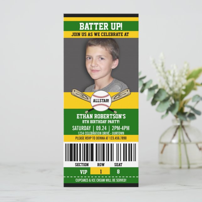 Invitation Green|Yellow Ticket Style Baseball Anniversaire (Debout devant)