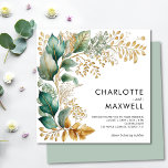Invitation Greenery and Gold Leaf Square Sage Wedding<br><div class="desc">Introduce your guests to the beauty and elegance of this greenery and gold leaf square sage wedding invitation. This minimalist, boho botanical design features modern white bohemian eucalyptus leaves, creating a whimsical emerald enchanted forest. Perfect for a simple, rustic wedding or an elegant, traditional green marriage, this watercolor gold invitation...</div>