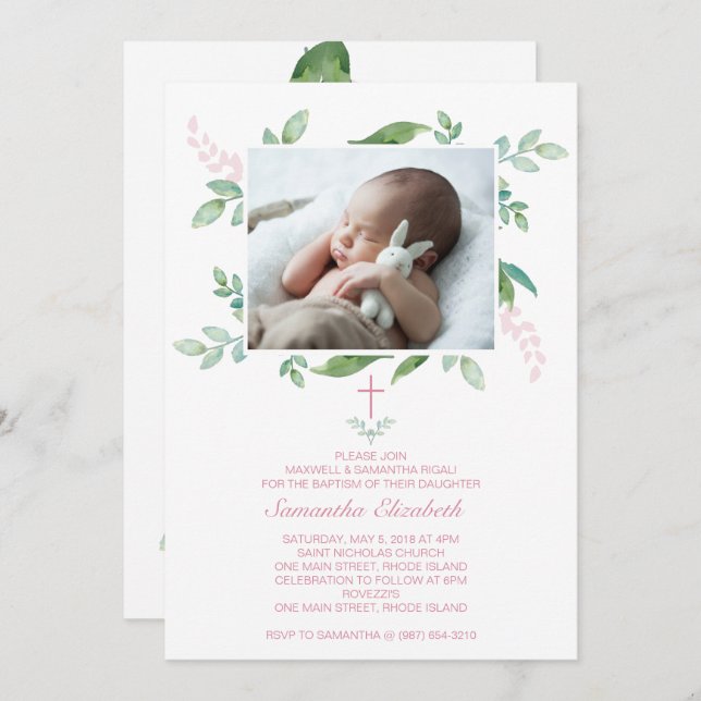 Invitation Greenery Baptism Invite Girl Photo (Devant / Derrière)