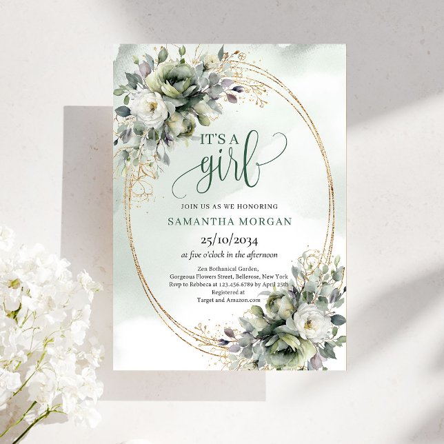 Invitation Greenery Botanical Gold Style C'est une fille Invi (Greenery Botanical Gold Style It’s A Girl Invitation)