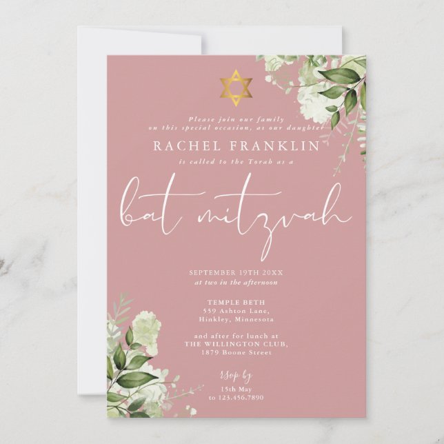 Invitation Greenery Dusty Rose Pink Monogramme Bat Mitzvah (Devant)