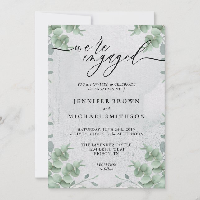 Invitation Greenery Eucalyptus Calligraphy We are engaged (Devant)