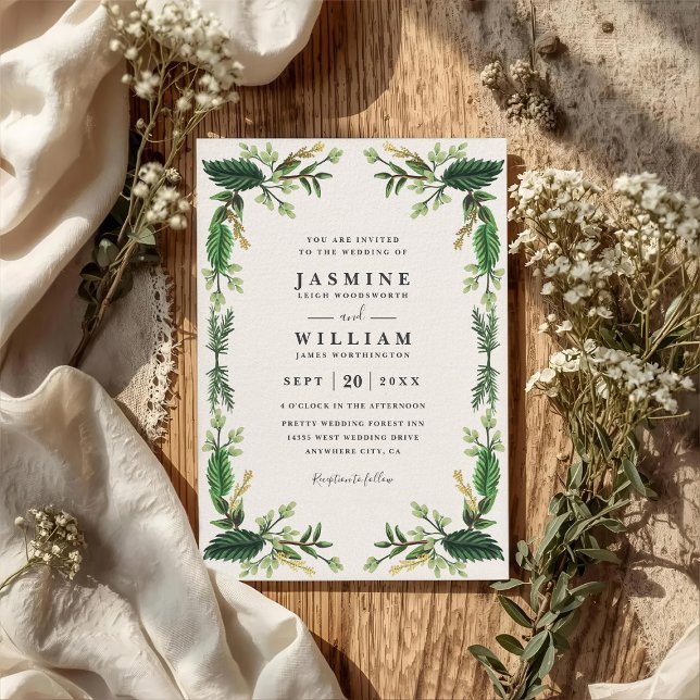 Invitation Greenery Evergreen Leaves Rustic QR Code Wedding (Créateur téléchargé)