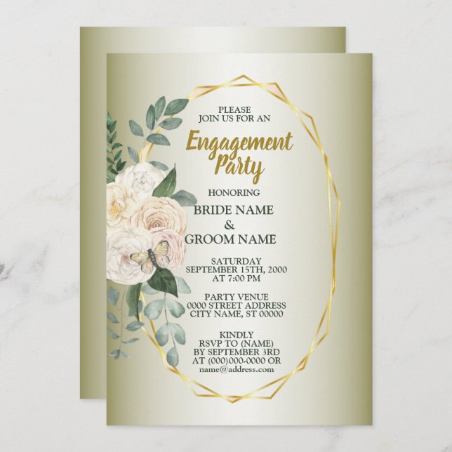 Invitation Greenery Floral Gold Geometric Engagement Party (Devant / Derrière)