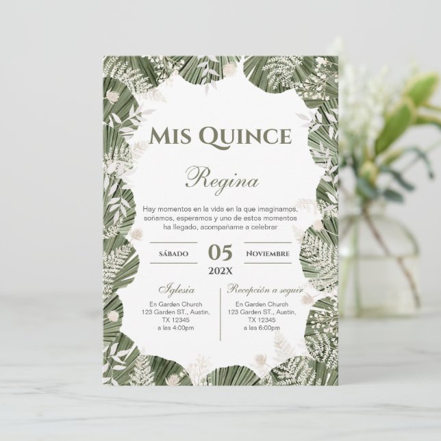 Invitation Greenery Floral Quinceañera Spanish  (Debout devant)