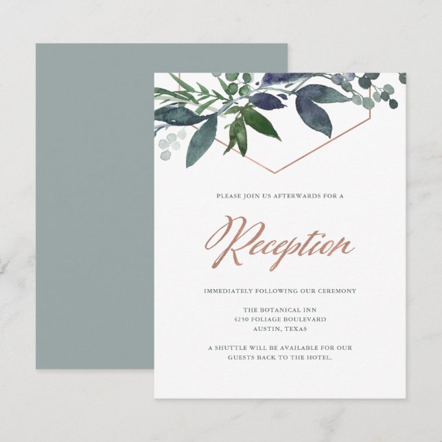 Invitation Greenery Geo | Réception de mariage en rose doré (Devant / Derrière)