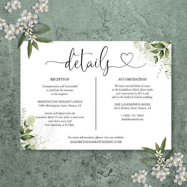 Invitation Greenery Heart Détails du script Information (Greenery Heart Script Wedding Details Card)