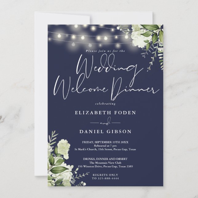 Invitation Greenery Lights Navy Blue Wedding Welcome Dinner (Devant)