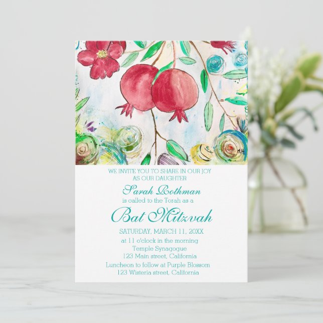 Invitation Grenade Élégant Floral Fille Juive Bat Mitzvah (Debout devant)