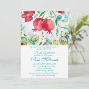 Invitation Grenade Élégant Floral Fille Juive Bat Mitzvah