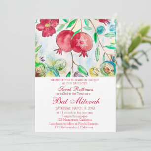 Invitation Grenade Élégant Floral Fille Juive Bat Mitzvah
