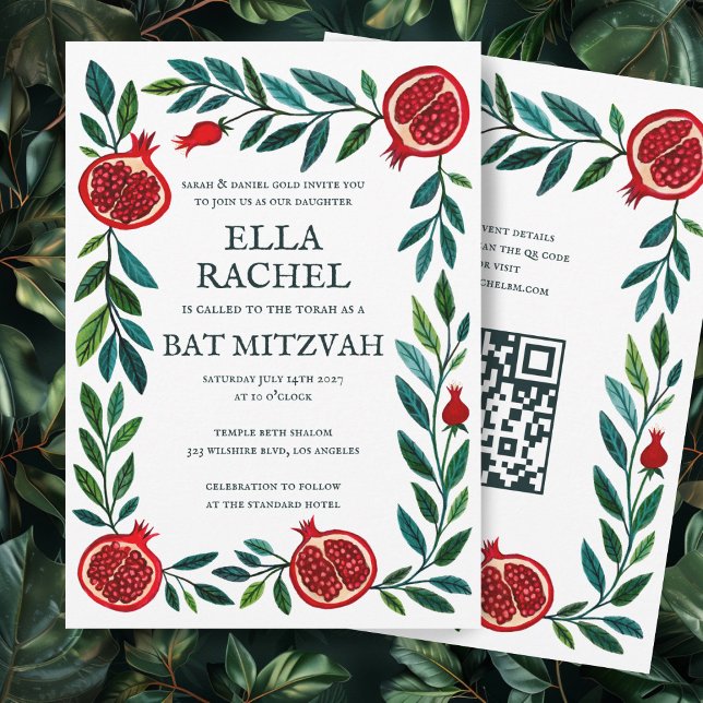 Invitation Grenade personnalisée B'nai Bat Bar Mitzvah QR Cod (Pomegranates Custom B'nai Bat Bar Mitzvah QR Code Invitation Jewish Digital Download Botanical 
)