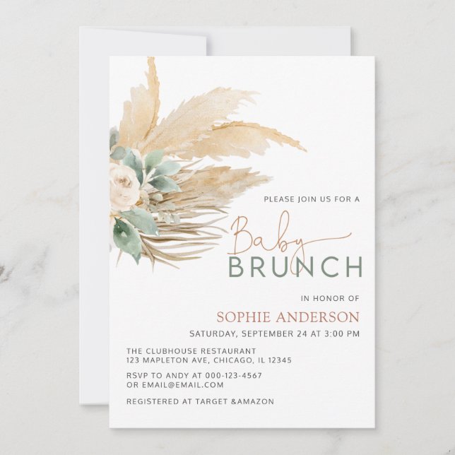 Invitation Grennery Boho Pampas Grass Baby Brunch Baby shower (Devant)