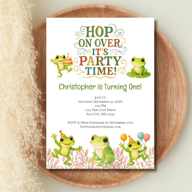 Invitation Grenouille 1er Premier Anniversaire Mignon Branché (Frog Birthday Kids Toddlers, 1st, 2nd, 3rd, 4th birthday party inviation)