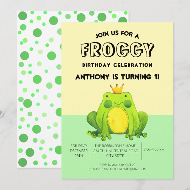 Invitation Grenouille bébé 1er anniversaire confetti vert per (Devant / Derrière)