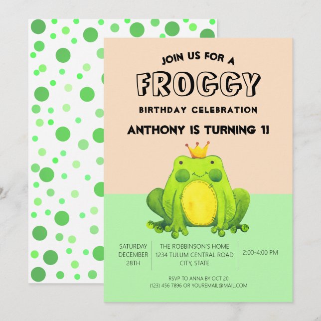 Invitation Grenouille bébé 1er anniversaire confetti vert per (Devant / Derrière)