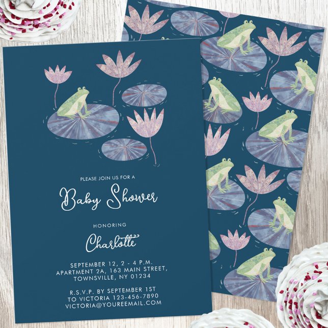 Invitation Grenouille dans un Baby shower mignon en étang Lil (Fun frog gender neutral personalized custom text baby shower invitation for baby boy or girl)