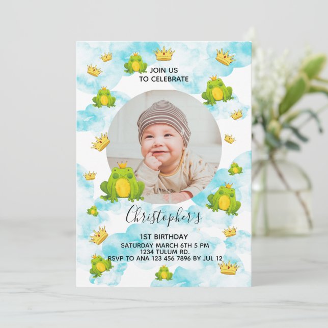 Invitation Grenouille Prince 1er anniversaire aquarelle photo (Debout devant)