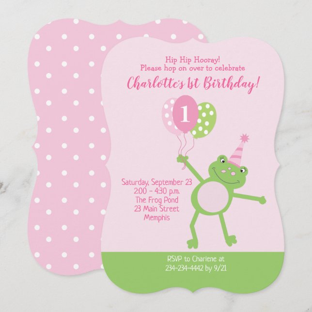 Invitation Grenouille rose Filles Anniversaire (Devant / Derrière)
