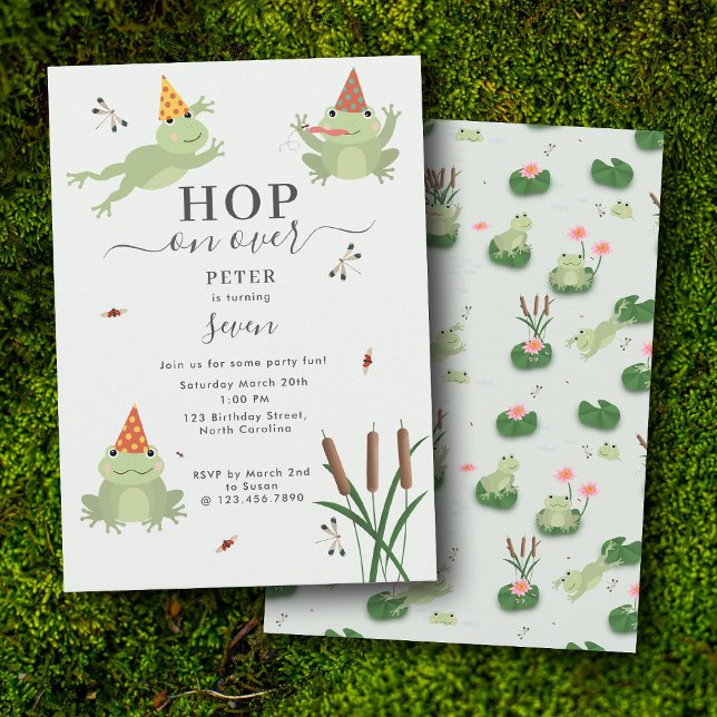 Invitation Grenouilles Mignonnes dans l'Étang de Lys Sautent  (Cute Frogs in Lily Pond Hop On Over Kids Birthday Invitation)