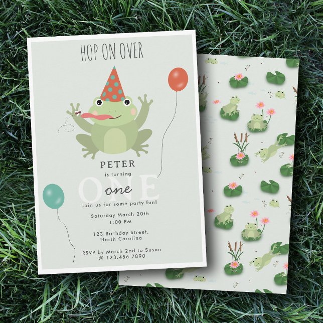Invitation Grenouilles Mignonnes dans l'Étang de Nénuphars sa (Cute Frogs in Lily Pond Hop On Over Kids Birthday Invitation)