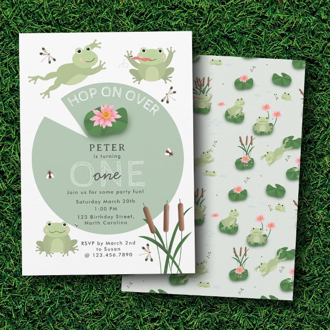 Invitation Grenouilles Mignonnes dans l'Étang de Nénuphars Sa (Cute Frogs in Lily Pond Hop On Over Kids Birthday Invitation)