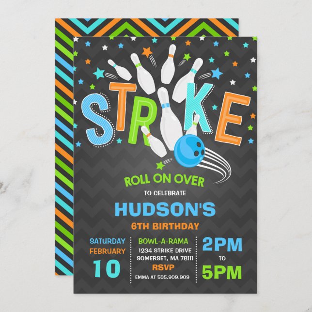 Invitation Grève de fête d'anniversaire de bowling (Devant / Derrière)