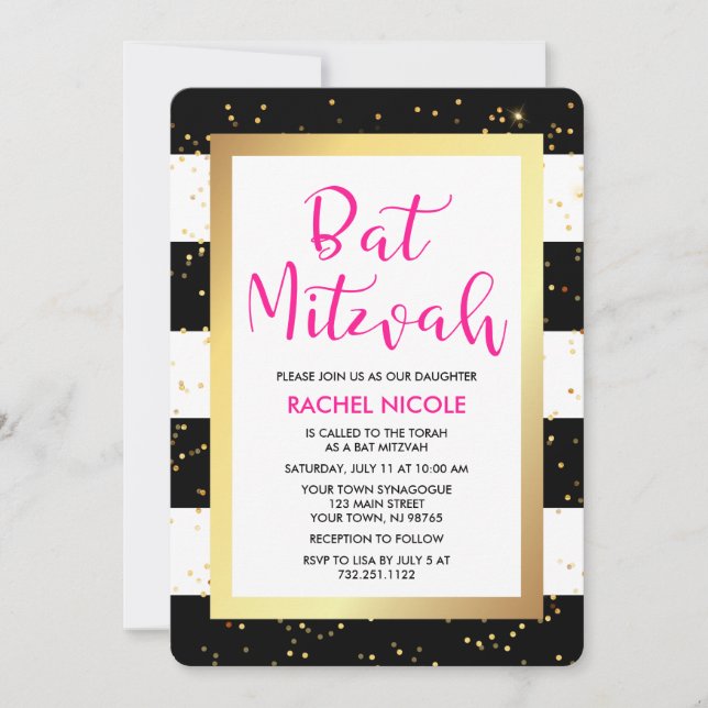Invitation Grèves noires et blanches avec Bat mitzvah d'or (Devant)