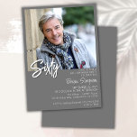 Invitation Grey 60th Birthday Photo<br><div class="desc">Photo moderne minimaliste gris et blanc 60e anniversaire invitation pour une fête d'anniversaire amusante. L'âge peut être changé. Cette invitation est simple et élégante, adulte jalon d'anniversaire invitation pour les hommes et les femmes. La couleur gris et blanc arrière - plan peut être changée en n'importe quelle couleur de votre...</div>