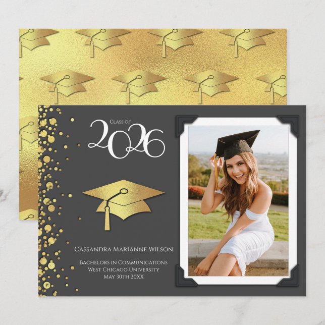 Invitation Grey and Gold Graduation Announcement (Devant / Derrière)
