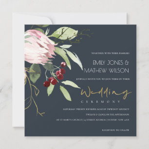 INVITATION GREY BLACK BLUSH BURGUNDY PROTEA FLORAL WEDDING