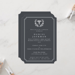 Invitation Grey Caduceus+Laurel Médicale School Graduation