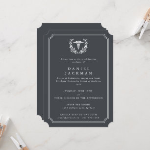 Invitation Grey Caduceus+Laurel Médicale School Graduation