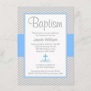 Invitation Grey Chevron Croix Bleue Bois Baptême Christening