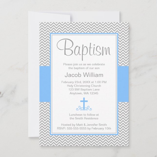 Invitation Grey Chevron Croix Bleue Bois Baptême Christening (Devant)
