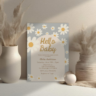 Invitation Grey Daisy Hello Baby Retro Boho Baby shower