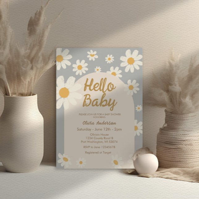 Invitation Grey Daisy Hello Baby Retro Boho Baby shower (Créateur téléchargé)